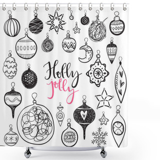 Personality  Funny Doodle Christmas Tree Toys. Holly Jolly, Lettering. Shower Curtains