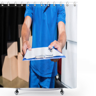 Personality  Delivery Man With Clipboard Shower Curtains