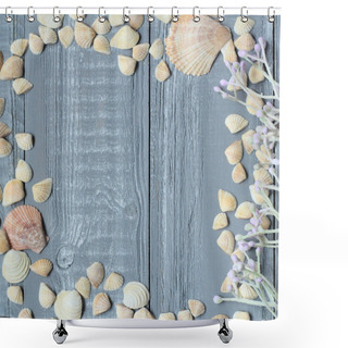 Personality  Blue Wooden Background With Seashells And Corals Shower Curtains