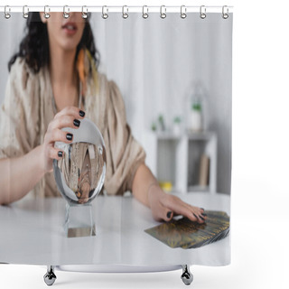 Personality  Cropped View Of Blurred Fortune Teller Touching Orb Near Tarot Cards At Home  Shower Curtains
