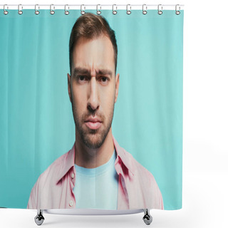 Personality  Portrait Of Serious Handsome Man Looking At Camera, Isolated On Blue Shower Curtains