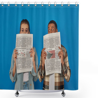 Personality  Interracial Man And Woman Obscuring Faces With Newspapers On Blue Background, Reading News Shower Curtains