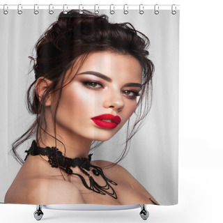 Personality  Gorgeous Young Brunette Woman Face Portrait. Red Lips Shower Curtains