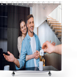 Personality  Cropped View Of Man Giving House Shaped Key Chain To Cheerful Couple In New Home  Shower Curtains