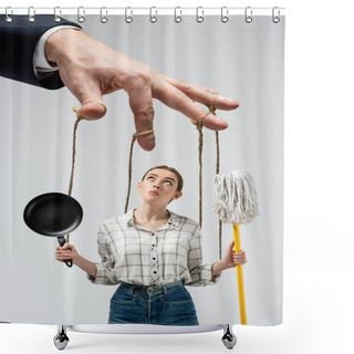 Personality  Cropped View Of Puppeteer Manipulating Girl With Mop And Frying Pan Isolated On Grey Shower Curtains