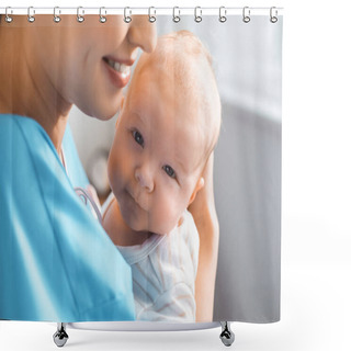 Personality  Cropped Shot Of Happy Young Mother Carrying Adorable Baby In Hospital Room Shower Curtains
