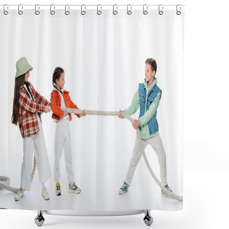 Personality  Side View Of Cheerful Girls Pulling Rope While Playing Tug Of War Game With Boy On White Shower Curtains