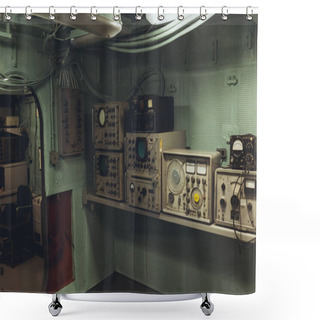 Personality  NEW YORK, USA - OCTOBER 8, 2018: Close Up View Of Marine Equipment In Ship Shower Curtains