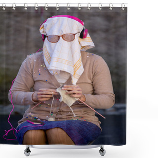 Personality  Old Woman Knitting With A Dish Towel On The Face. Shower Curtains
