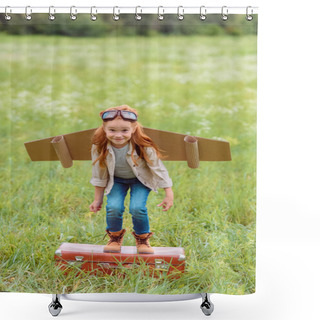 Personality  Smiling Kid In Pilot Costume Jumping From Retro Suitcase In Summer Field Shower Curtains