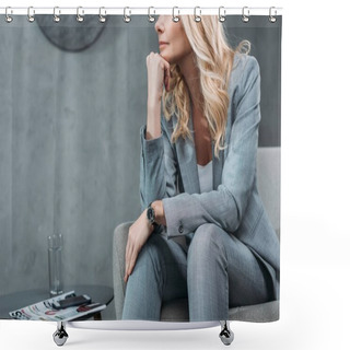 Personality  Thoughtful Businesswoman Sitting In Armchair Shower Curtains