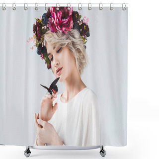 Personality  Beautiful Girl Posing In Fashionable Wreath With Butterfly On Hands, Isolated On Grey Shower Curtains