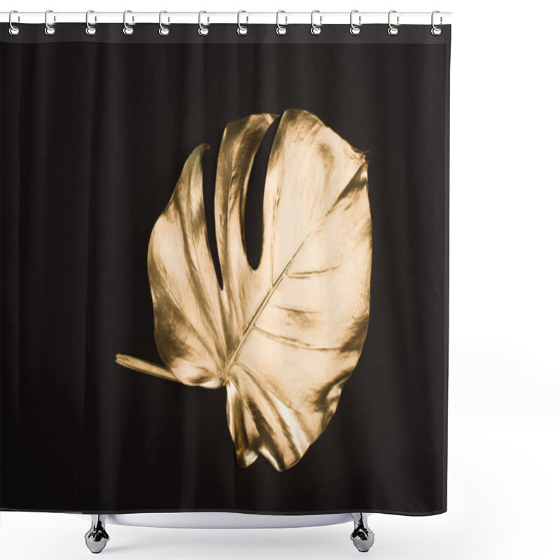 Personality  close up view of shiny big golden leaf isolated on black shower curtains