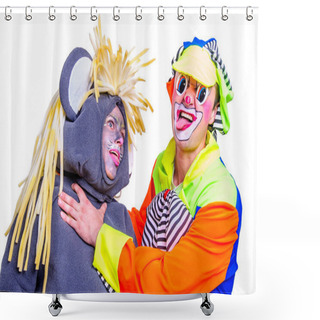 Personality  Portrait Of Two Smiling And Fooling Around Animators In Theater  Shower Curtains