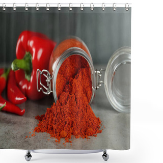 Personality  Glass Jar Of Paprika With Red Peppers On Light Grey Table, Closeup Shower Curtains