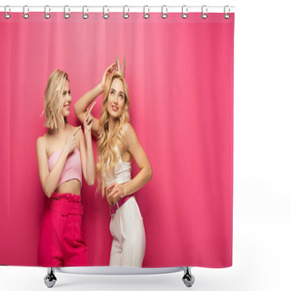 Personality  Smiling Girl Pointing With Fingers At Attractive Blonde Friend In Crown On Pink Background Shower Curtains