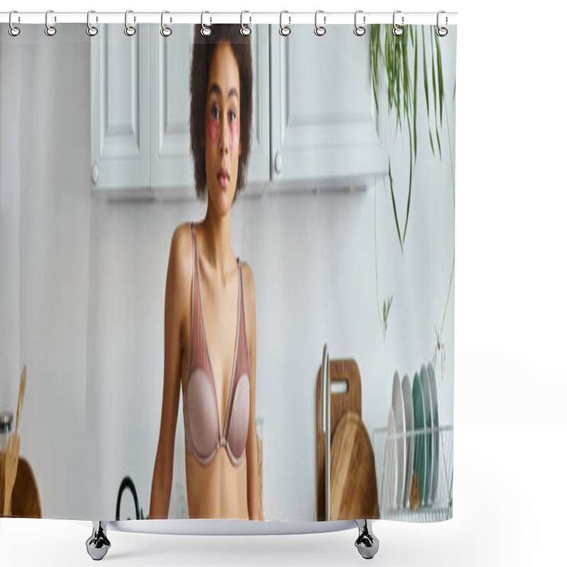 Personality  Curly African American Woman In Bra With Pink Patches Under Eyes Standing In Modern Kitchen, Banner Shower Curtains