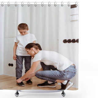 Personality  Mother Lacing Shoe Of Cute Son In Hallway  Shower Curtains