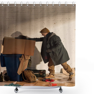 Personality  Homeless Begar Man Pushing Cardboard Box With Rubbish Into Trash Container Shower Curtains