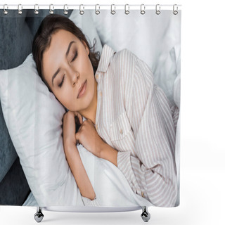 Personality  Beautiful Young Woman In Pajamas Sleeping On Bed Shower Curtains