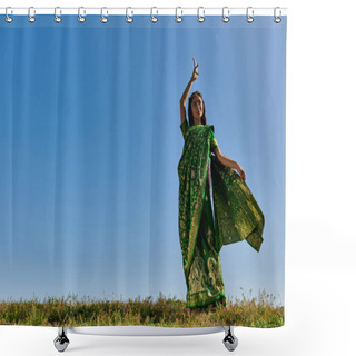 Personality  Summer Dance Of Smiling Indian Woman In Authentic Sari In Green Field Under Blue Sky Shower Curtains