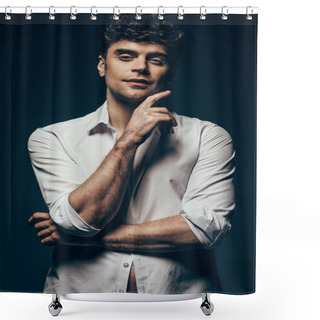 Personality  Stylish Sexy Man Posing In White Shirt Isolated On Dark Grey Shower Curtains