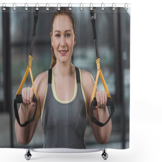 Personality  Obese Girl Training On Elastics In Gym Shower Curtains