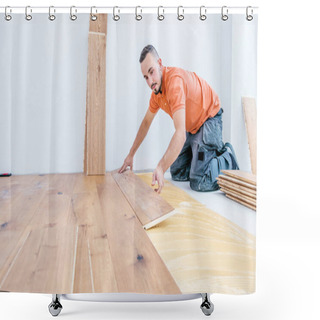 Personality  Worker Installing Parquet Floor On Construction Site. Lay Parquet Floor    Shower Curtains
