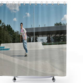 Personality  A Daring Young Skater Boy Fearlessly Rides His Skateboard Down The Side Of A Ramp In A Sunny Outdoor Skate Park. Shower Curtains