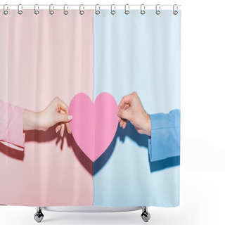 Personality  Cropped View Of Man And Woman Holding Heart-shaped Card On Pink And Blue Background  Shower Curtains