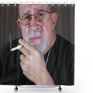 Personality  Adult Man Smoking While Wearing Oxygen Cannula Shower Curtains