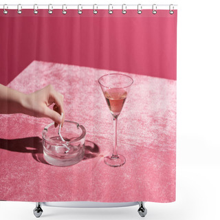 Personality  Cropped View Of Woman Putting Out Cigarette Near Glass Of Rose Wine On Velour Cloth Isolated On Pink, Girlish Concept  Shower Curtains