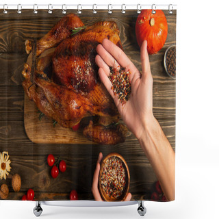 Personality  Cropped View Of Man With Wooden Bowl And Spices Near Thanksgiving Turkey, Festive Dinner Preparation Shower Curtains