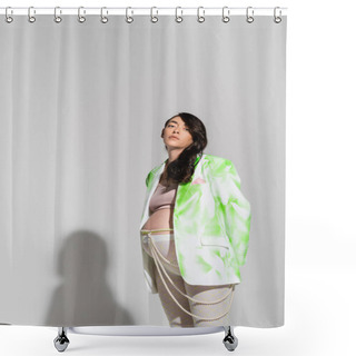 Personality  Stylish Pregnant Woman With Wavy Brunette Hair Looking At Camera While Posing In Green And White Blazer, Crop Top, Leggings And Beads Belt On Grey Background, Expectation, Maternity Fashion Concept Shower Curtains