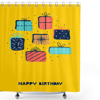 Personality  Happy Bday Wishes Vertical Greeting Card Or Banner. Template With Happy Birthday Typography And A Pile Of Gifts Boxes With Ribbons. Festive Graphic Elements In Flat Design. Shower Curtains