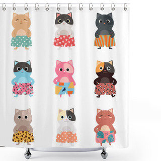 Personality  Set Of Different Cartoon, Cute Kittens In Stylish Shorts. Vector Illustration For Calendar, Card, Banner, Postcard And Printable. Shower Curtains