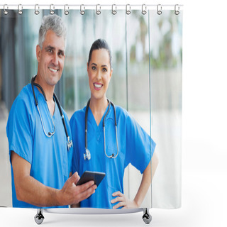 Personality  Medical Doctors Using Tablet Pc Shower Curtains
