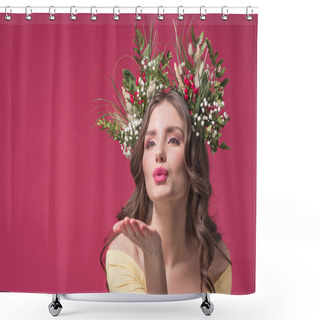 Personality  Beautiful Girl With Flowers And Herbs Wreath On Head Sending Air Kiss Isolated On Burgundy Shower Curtains