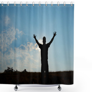 Personality  Silhouette Of Man Worship With Hands Raised To The Sky In Nature Shower Curtains