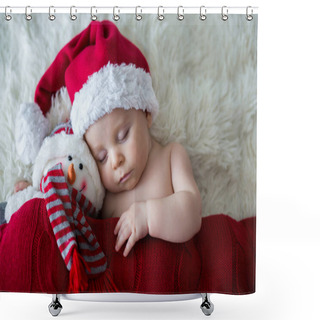 Personality  Little Sleeping Newborn Baby Boy, Wearing Santa Hat Shower Curtains