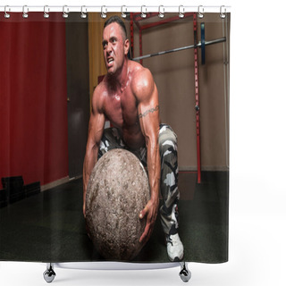 Personality  Bodybuilder Trying To Pick Up A Stone Shower Curtains
