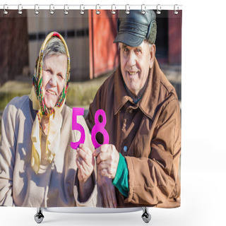 Personality  Happy Elderly Couple In Love Celebrating Their Anniversary. A Happy And Loving Elderly Man Kisses His Beloved Wife On The Cheek Shower Curtains