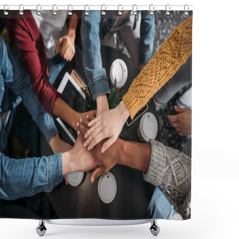 Personality  Top View Of People Making Team Gesture In Cafe Shower Curtains
