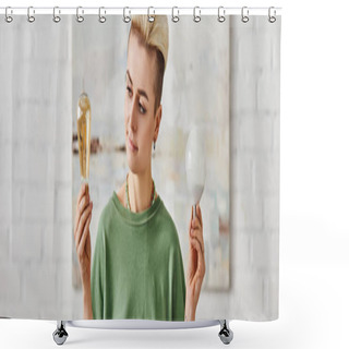 Personality  Young And Smiling Woman With Trendy Hairstyle Comparing Energy Saving Light Bulbs While Standing At Home, Eco-friendly Choices, Sustainable Lifestyle And Environmentally Conscious Concept, Banner Shower Curtains