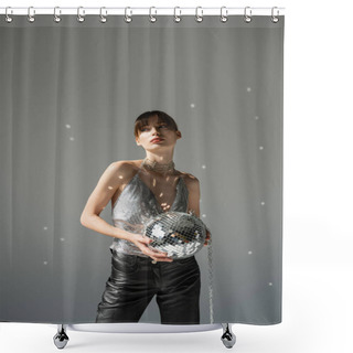 Personality  Trendy Young Woman In Shiny Top Holding Disco Ball On Grey Background  Shower Curtains