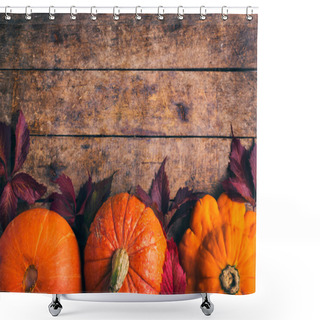 Personality  Autumn Food Background With Pumpkins And Colored Leaves Shower Curtains