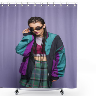 Personality  Young Woman In Retro Sports Jacket Holding Sunglasses On Purple Background  Shower Curtains