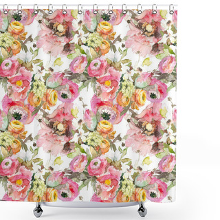 Personality  Peony With Pink Poppy And Orange Ranunculus Seamless Pattern, Classic Floral Repeat Background For Web And Print. Watercolor Hand Drawing. Romantic Design For Natural Cosmetics, Perfume, Women Shower Curtains