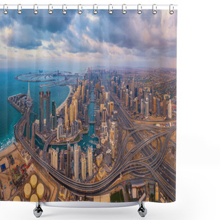 Personality  Aerial View Of Dubai Marina And Highways, Downtown Skyline, United Arab Emirates Or UAE. Financial District And Business Area In Smart Urban City. Skyscraper And High-rise Buildings At Sunset. Shower Curtains