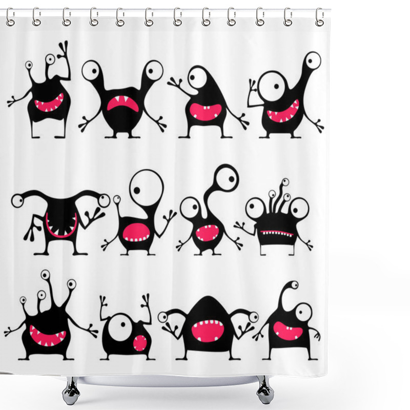 Personality  Set Of Twelve Cute Black Monsters With Different Emotions Isolated On White Shower Curtains